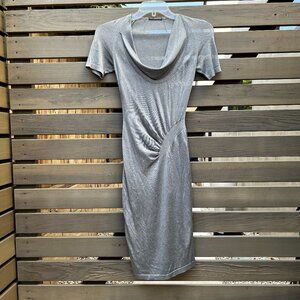 Alexander McQueen Gray Silver Midi Short Sleeve Cowl Neck Dress, XXS 2XS